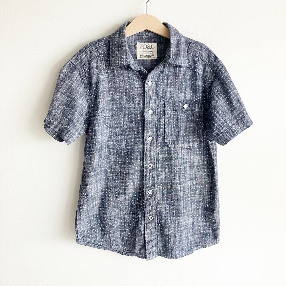 PD&C Boys 8 Shirt Button Front Short Sleeve Blue Polka Dot Pocket Cotton